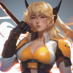 Yang Xiao Long posing. By ilya kuvshinov, krenz cushart, Greg Rutkowski, trending on artstation. Glossy materials, sharp highlights, amazing textured brush strokes, accurate shape, clear curvy details, cinematic soft volumetric studio lighting, with backlight, VFX, HDR